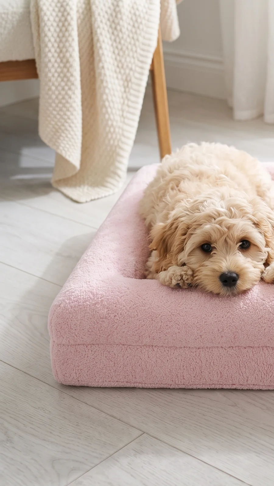 A cockapoo resting its chin on the edge of a blush pink Bolster Bed