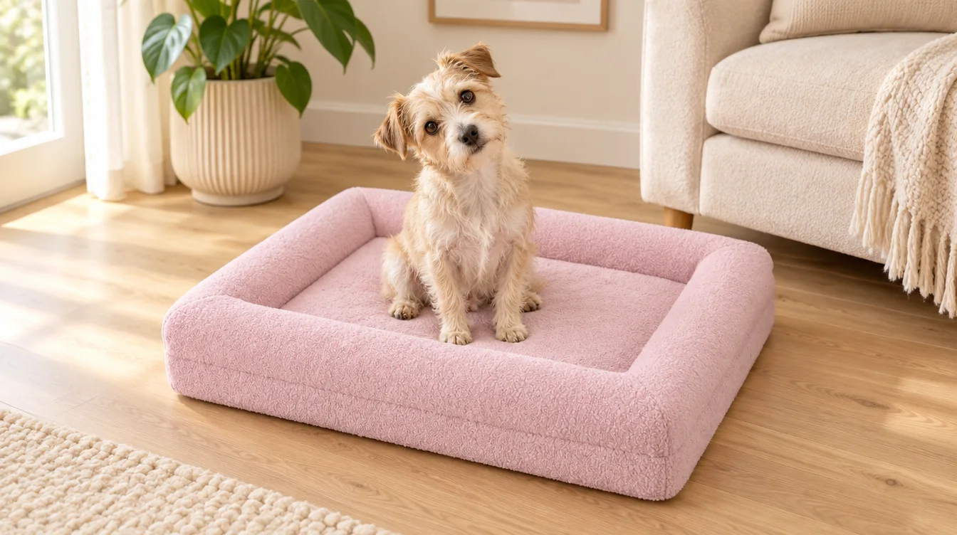A scruffy terrier sitting on a blush pink Bolster Bed with its head tilted