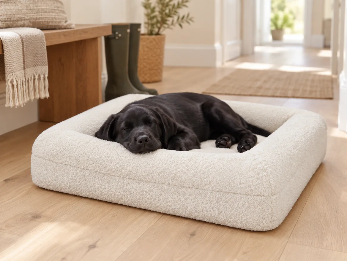 A black labrador puppy asleep on an ivory Bolster Bed in a hallway