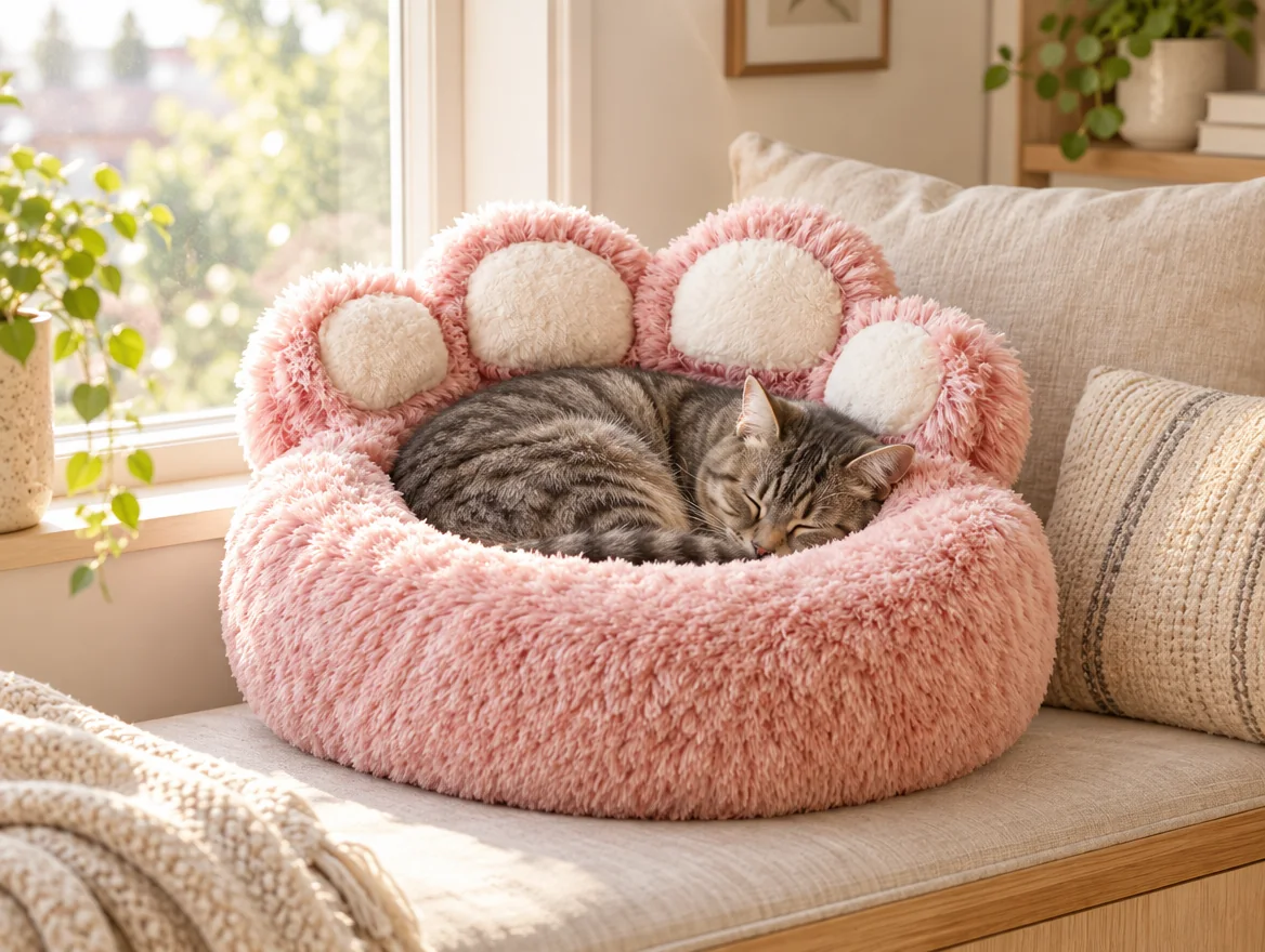 A tabby cat curled up asleep in a pink Paw Bed on a window seat