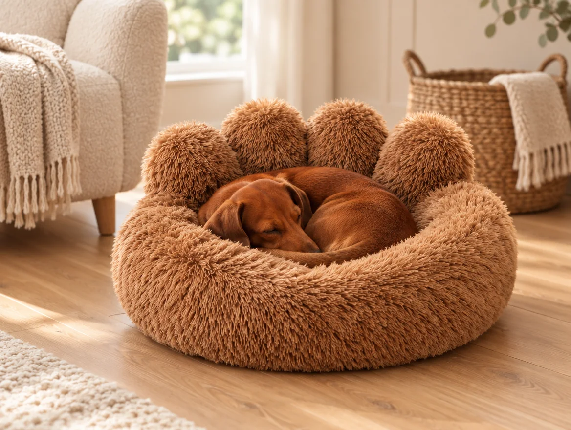A dachshund curled up in a caramel Paw Bed beside an armchair