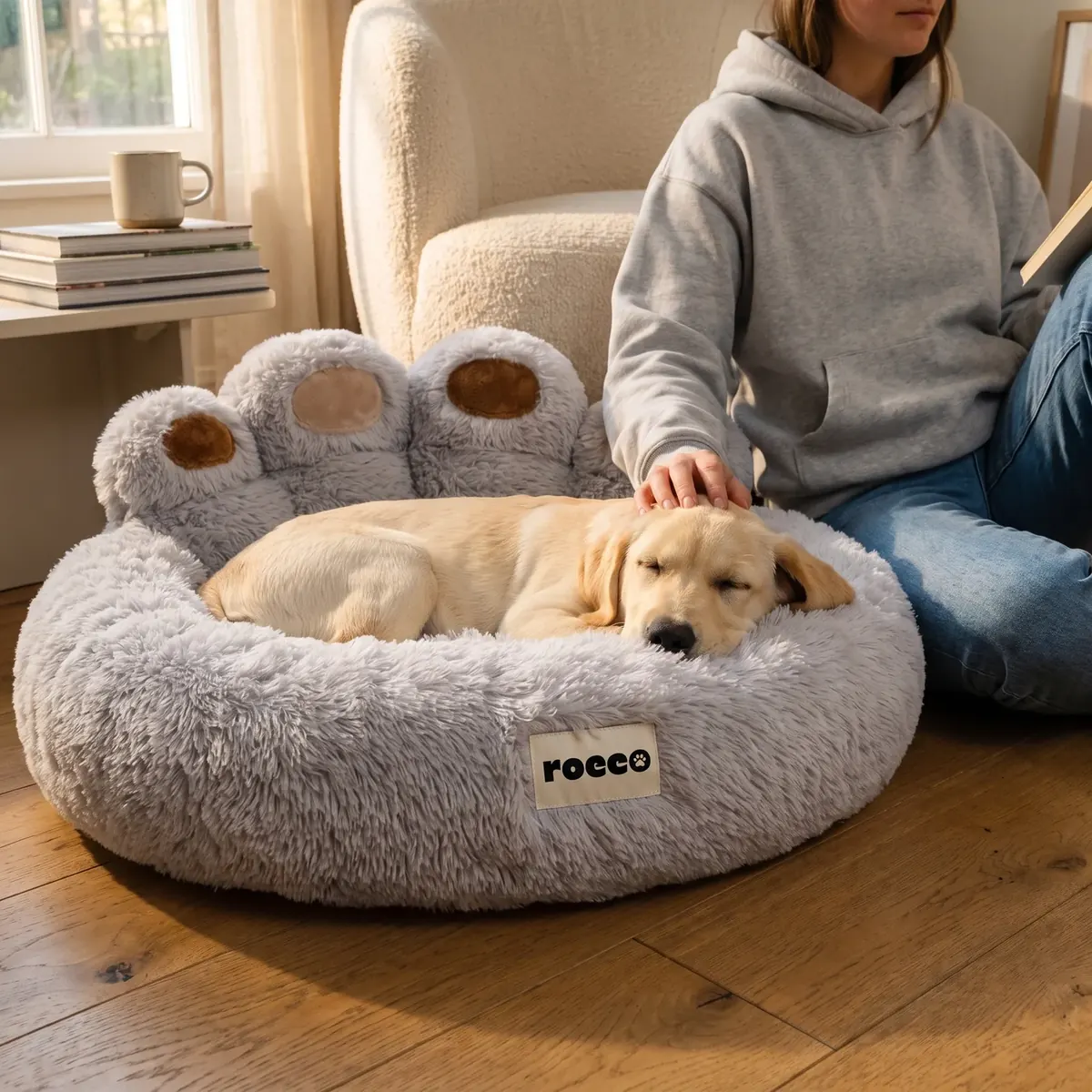 A golden retriever puppy snuggled into a silver Paw Bed