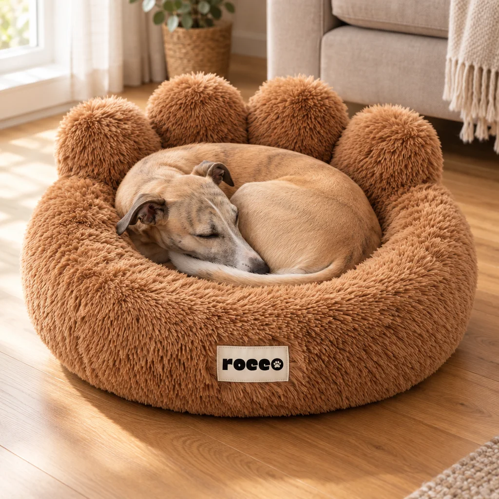 A whippet curled into a ball in a caramel Paw Bed