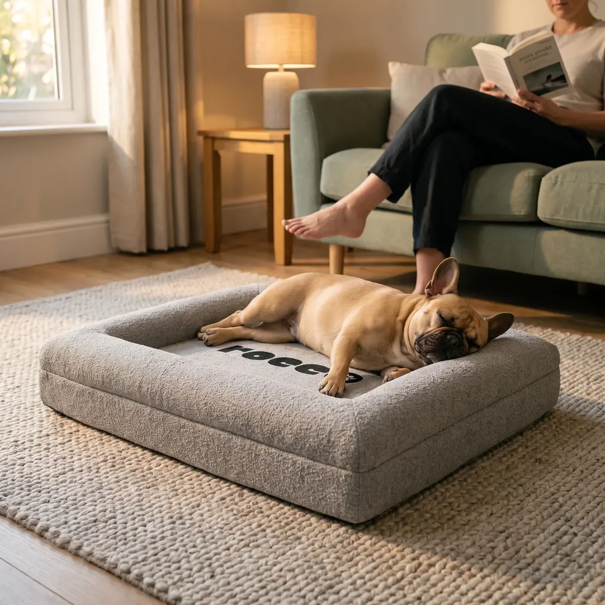 A French bulldog sprawled flat across a stone grey Bolster Bed